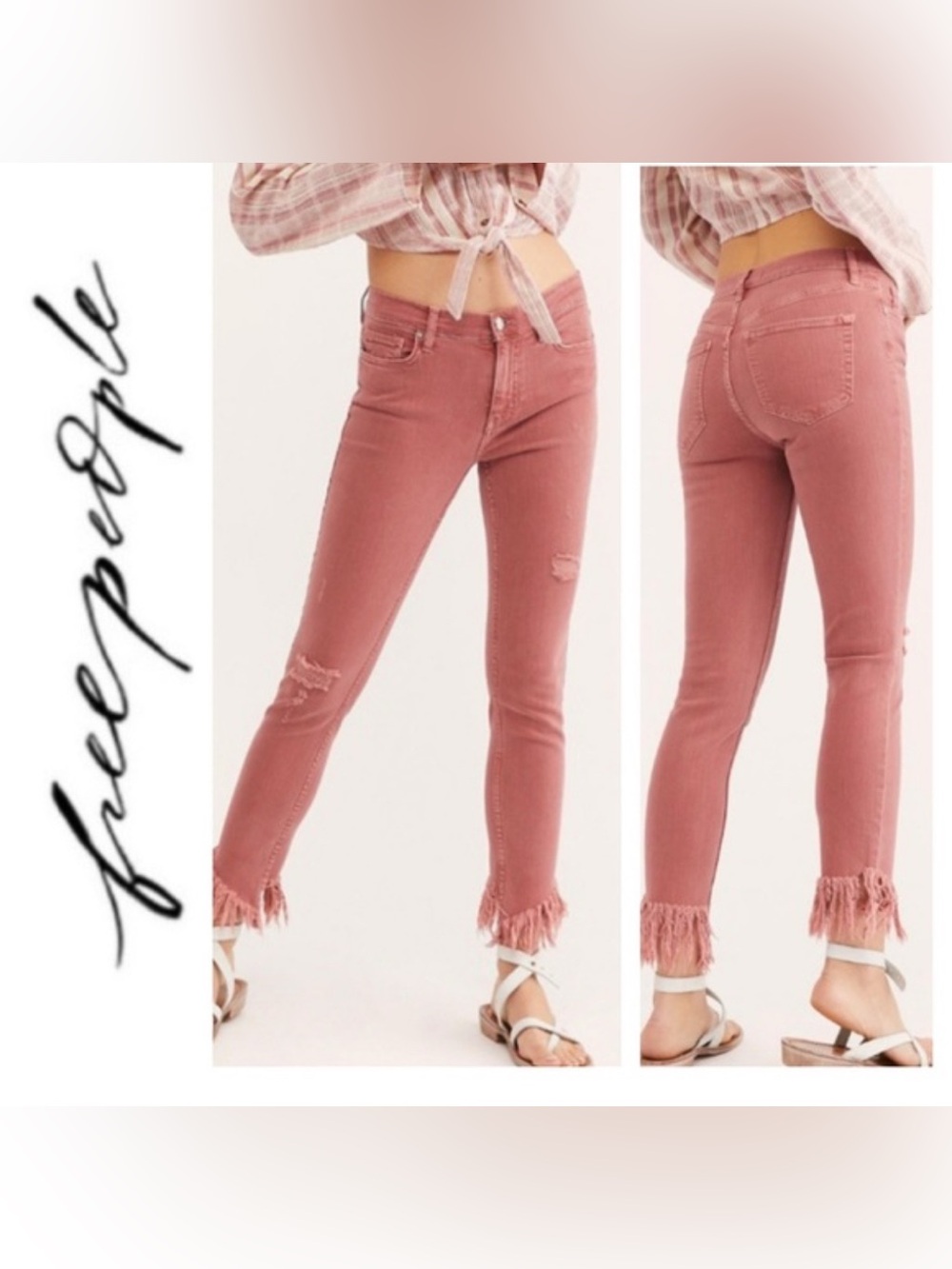 Free People red / pink skinny jeans with a distressed, fringed raw hem 28